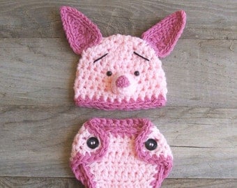 Piglet / Pig Hat & Diaper Cover Set, inspired by Winnie the Pooh (NEWBORN or 3-6 Month size)