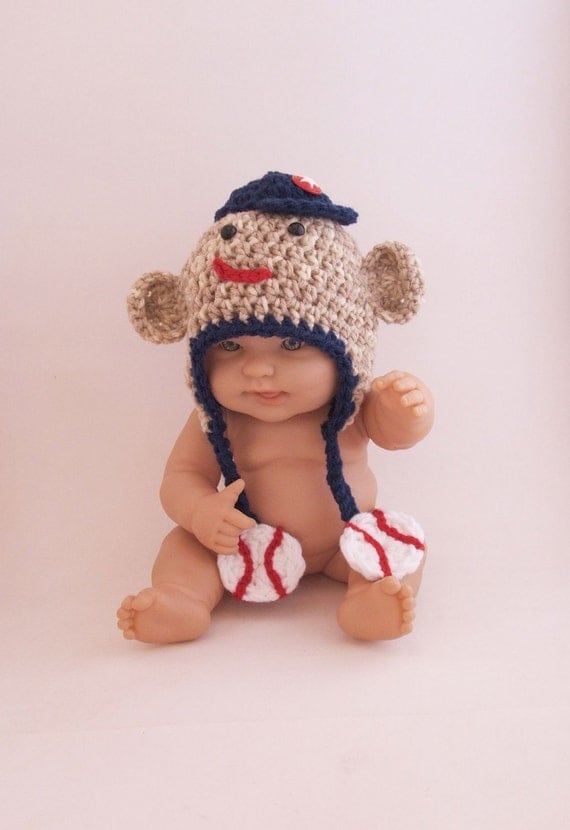 Sock Monkey Hat with Baseball Theme - Newborn - 3 months