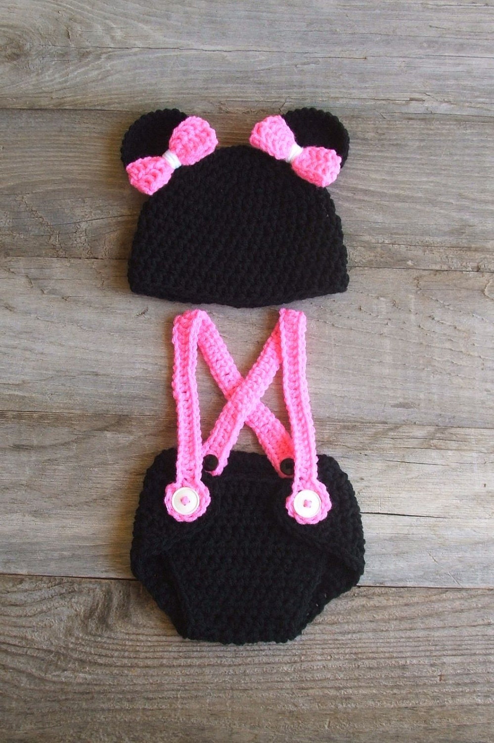 Minnie Mouse Inspired Diaper Cover & Hat Set with Suspenders - Newborn - 3 Months