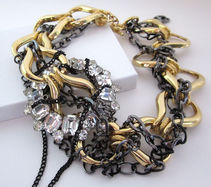 Glam Fashion Oversize Chain Statement Jewelry Necklace - Chunky Rhinestone, Gold Silver Black Metal Upcycled OOAK by JryenDesigns