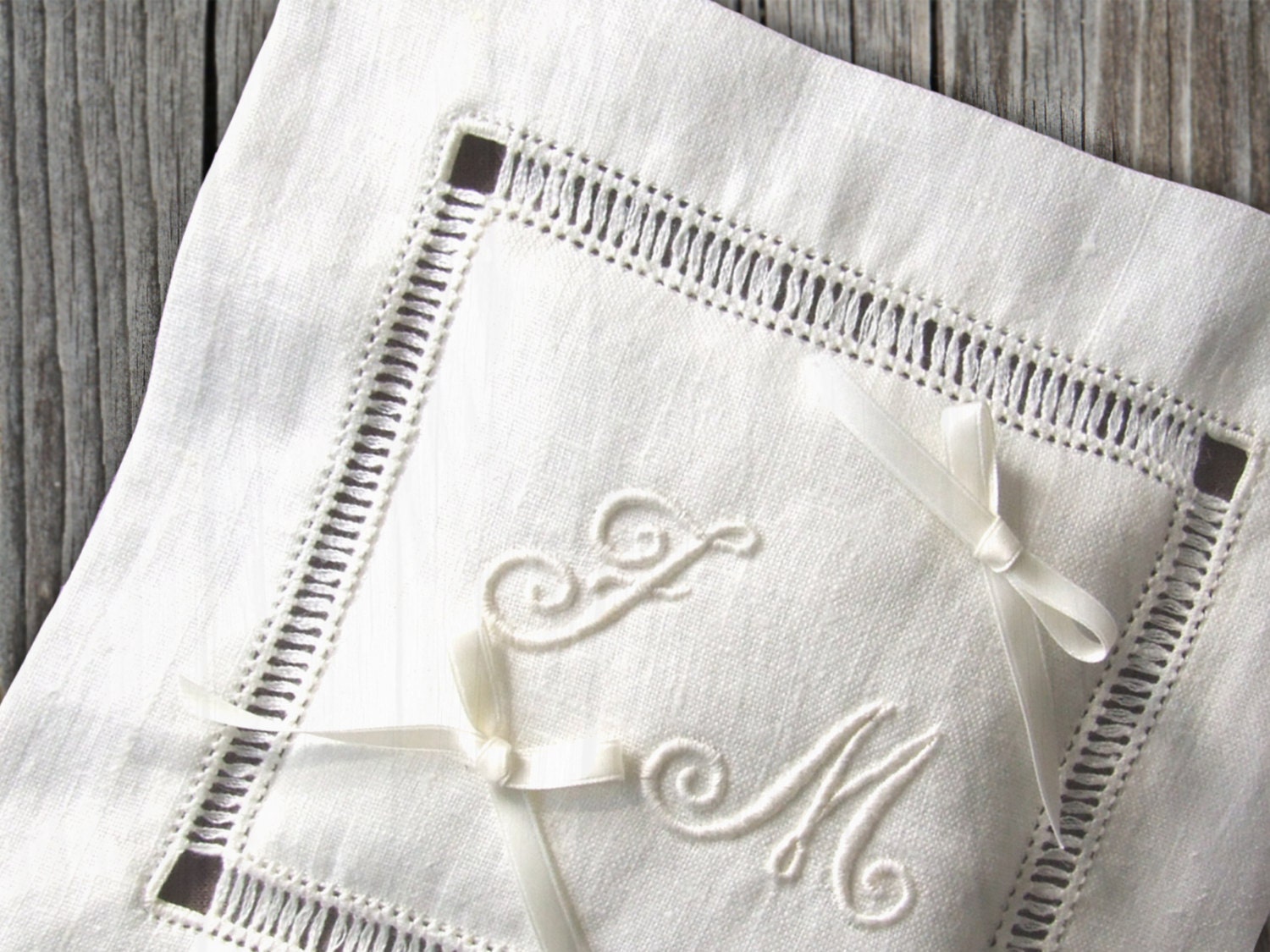 Wedding Pillow Hand embroidered initials linen minimalist ivory