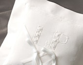 Wedding Ring Pillow Hand embroidered  initials organic Silk Charmeuse - PenelopeHandmade