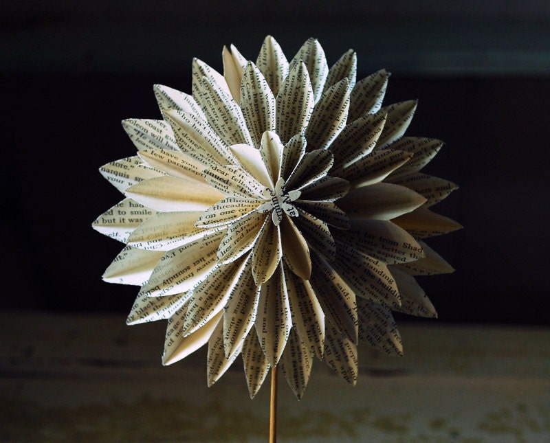 Book Blossom Paper Dahlia, Book Pages, Paper Anniversary, Origami Flower on a stem