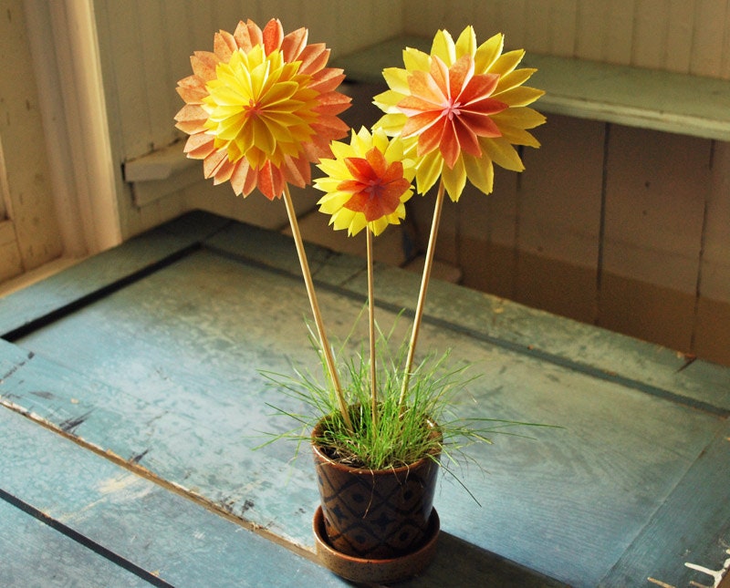 Mothers Day Gift Paper Flowers, Peach & Yellow Dahlias, 3 Origami Flowers , Paper Anniversary Bouquet