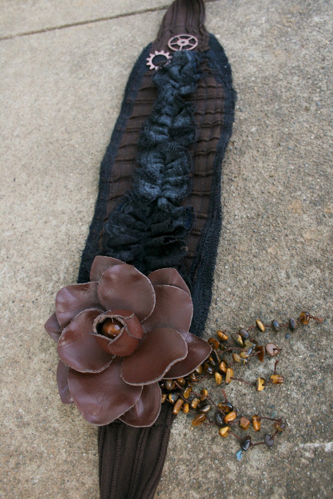 Roustabout - headband dread wrap handmade Steampunk bellydance gears flower