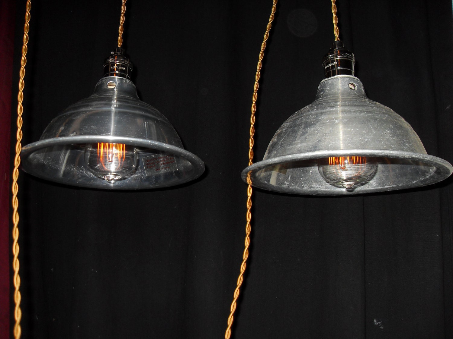Pair Of Industrial Antique Chrome Bowl Shaped Metal Shade Light Fixtures