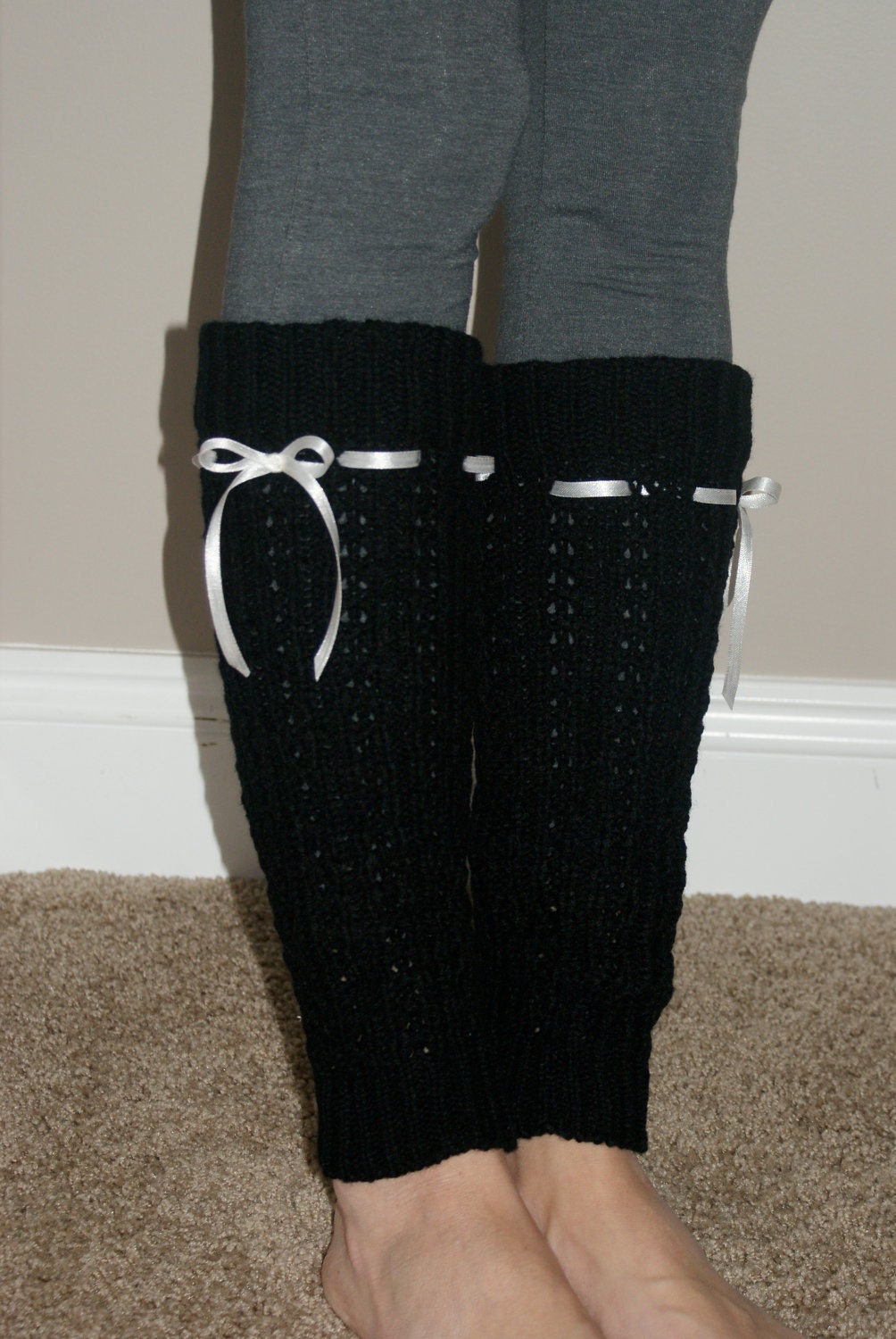 SALE SALE SALE - Ribbon on Black Boot Sock Leg Warmers - Legwarmers