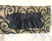 13" Olive Green and Black Cotton Ruffle Clutch