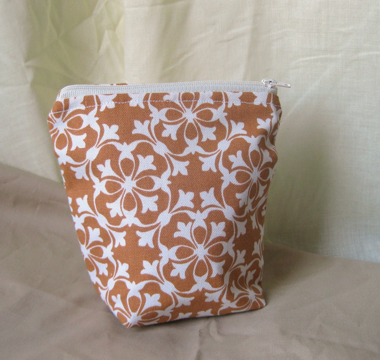 Small Cosmetic Bag - Burnt Orange and Beige Retro Style