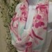 Valentines Day Infinity Scarf with Bright Fuchsia, Pink Flowers and Mint Leaves on White Handmade Fashion by Thimbledoodle