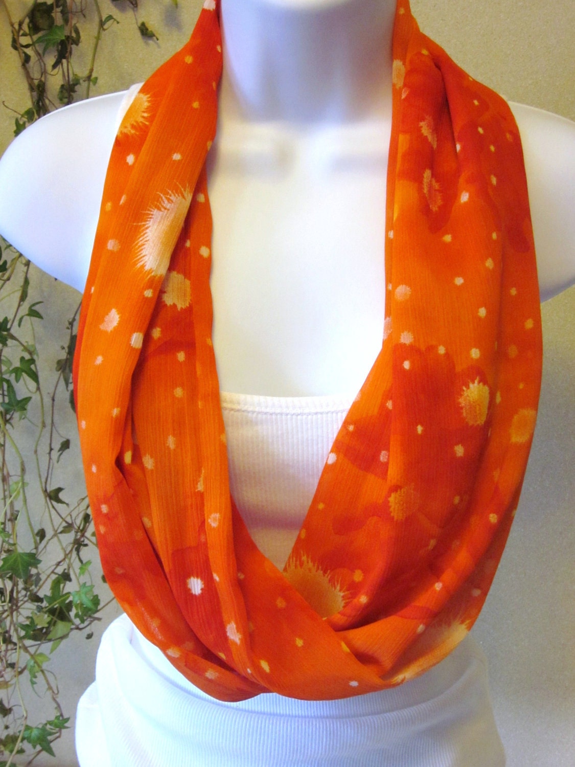 Bright Orange Infinity Scarf White Paint Splash Design Handmade Fashion by Thimbledoodle