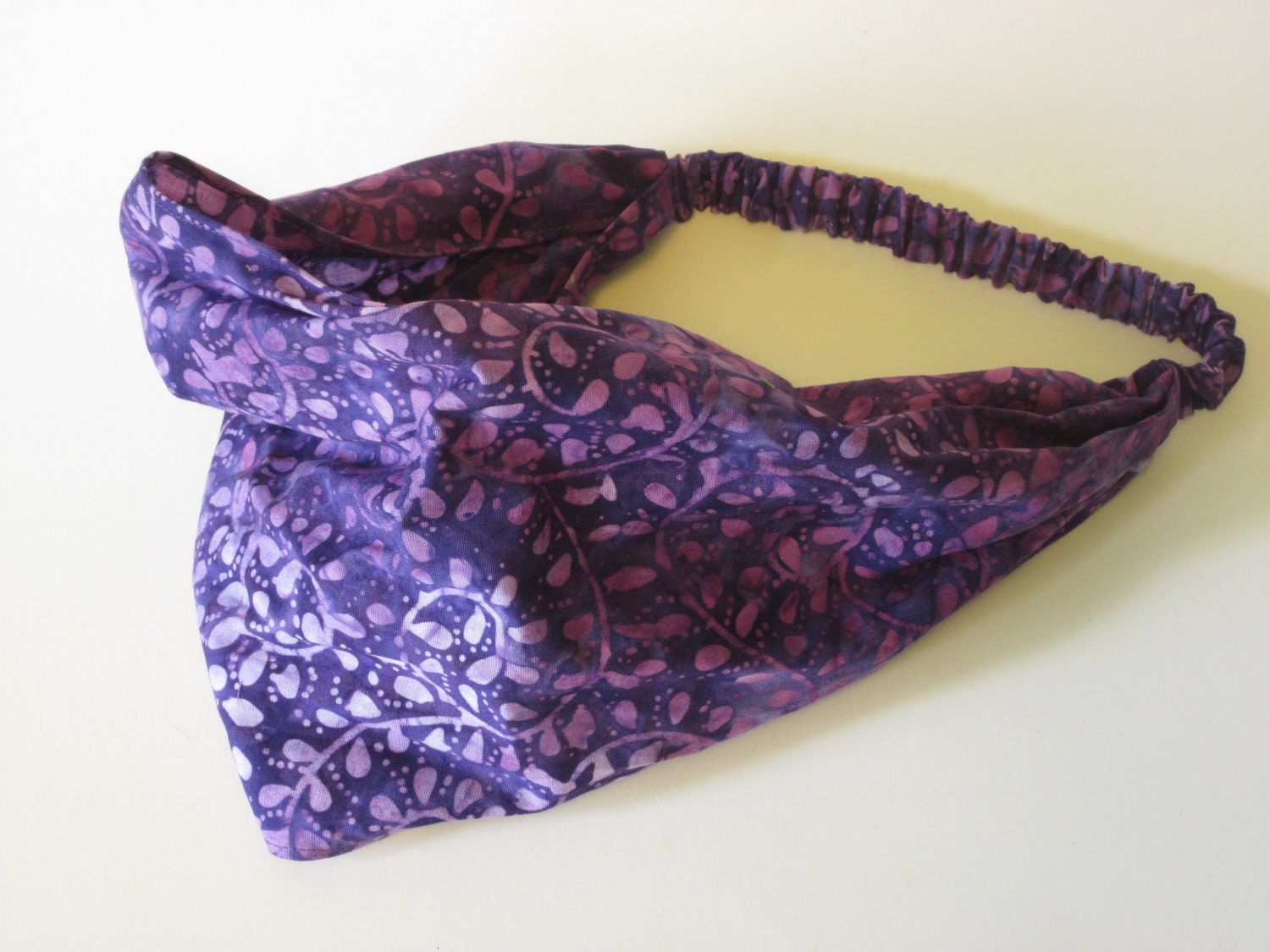 Purple Head band, Head Wrap of Cotton Batik with Vines and Leaves Design Handmade by Thimbledoodle