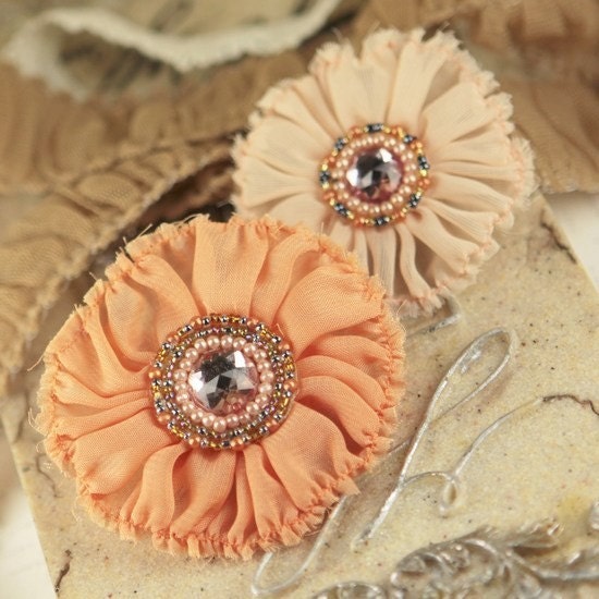 2 Peach Fabric Flowers - Regent Cavendish 548933 - Silk Fabric Flowers with beaded crystal centers -   vintage style shabby frayed