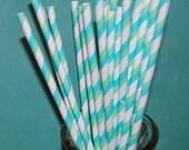 25 Aqua blue and Green barber striped paper drinking straws - with FREE DIY Flags/ Pendants.  See also - "Personalized" flags option.