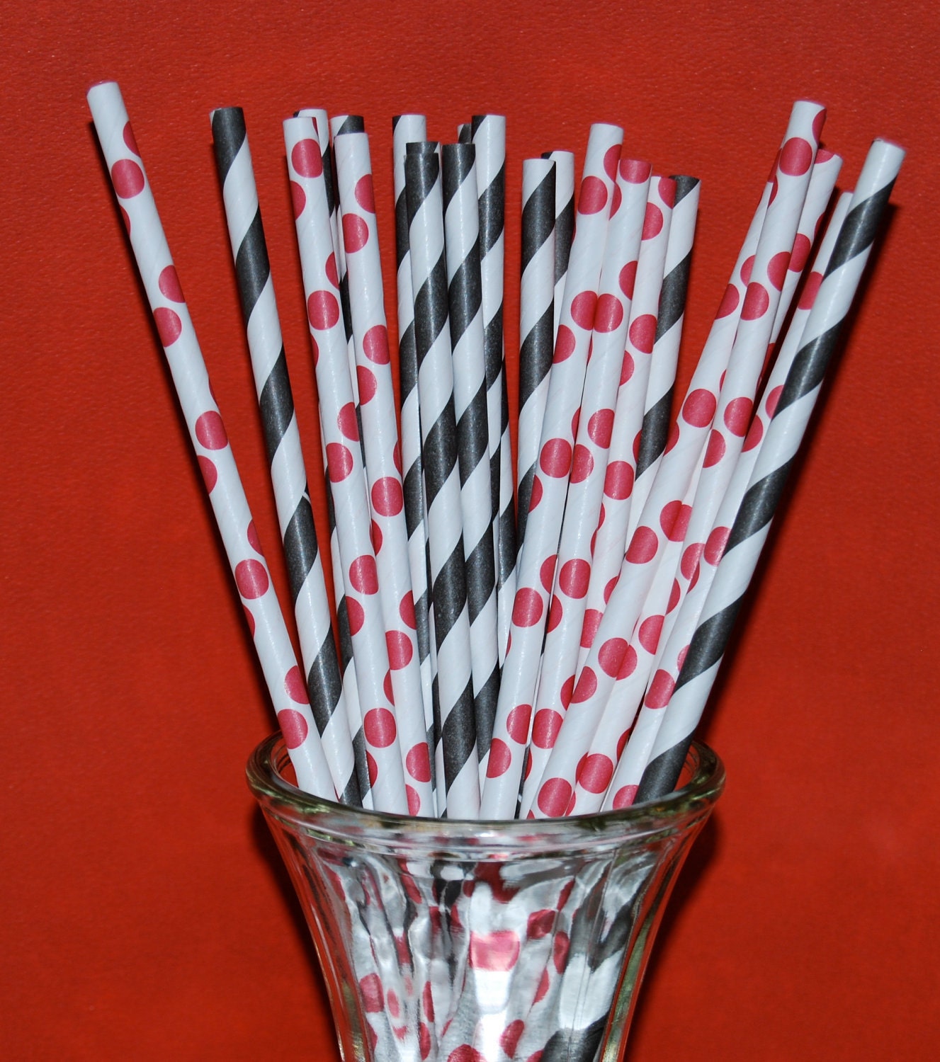 paper straws 50 mixed combo red polka dot & black barber striped  drinking straws, FREE DIY Flags.  See also - "Personalized" flags option.