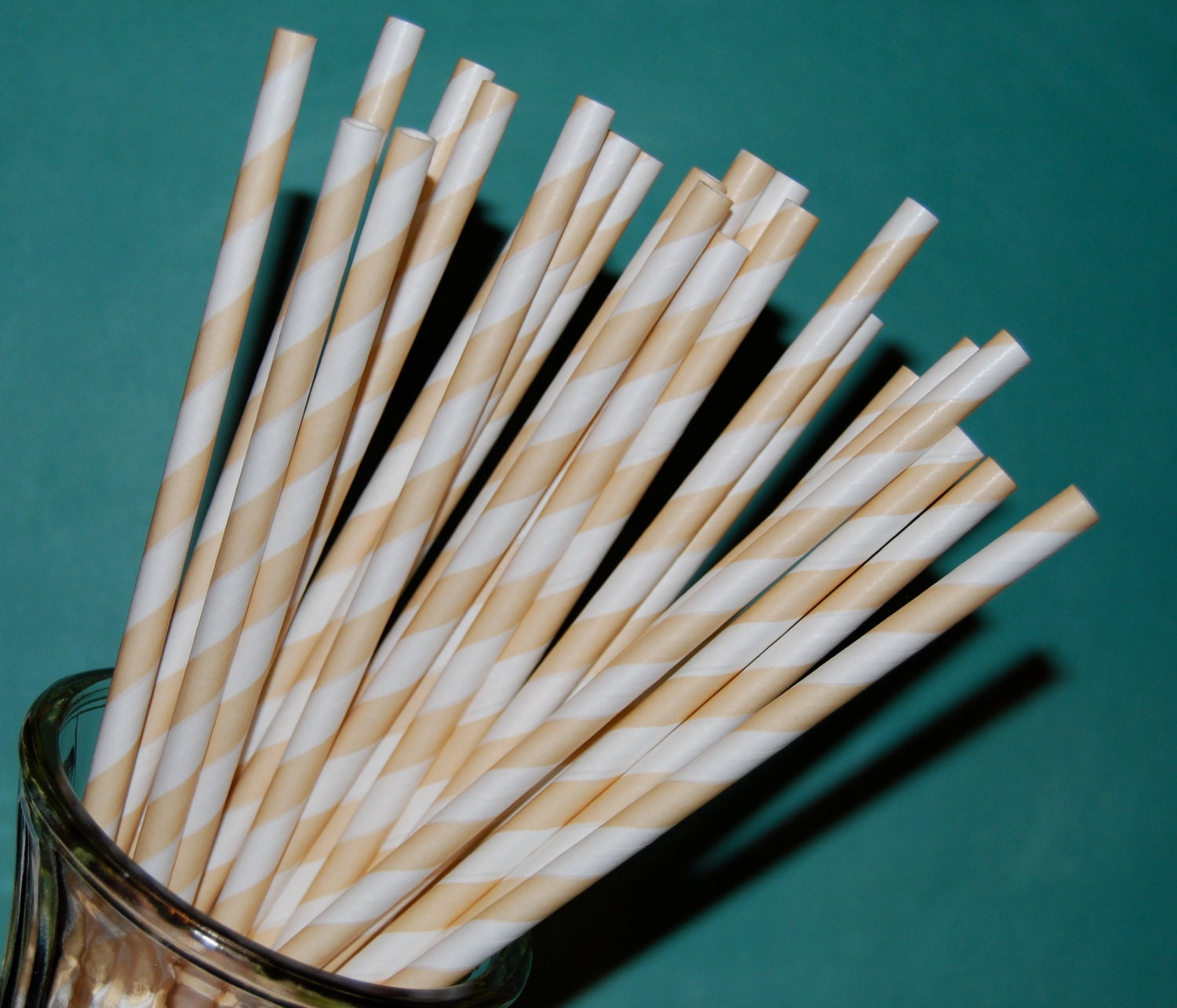 100 Vanilla Cream  and white barber striped paper drinking straws -  with FREE Blank Paper Flags.  See also - "Personalized" flags option.