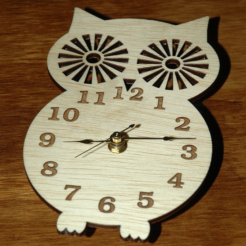 Owl Silhouette - Modern Wooden Wall Clock  with Natural Hand Rubbed Wax  Finish