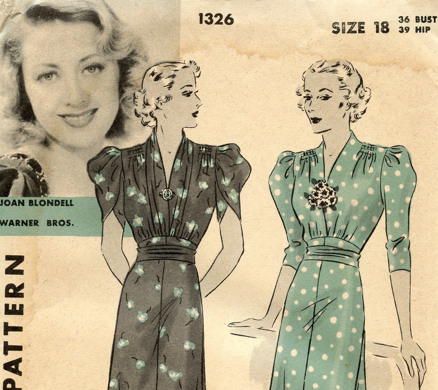 1930s Hollywood 1326 Vintage Sewing Pattern Featuring Joan Blondell One Piece Dress Shirred Shoulders Tulip Puff Sleeves Bust 36
