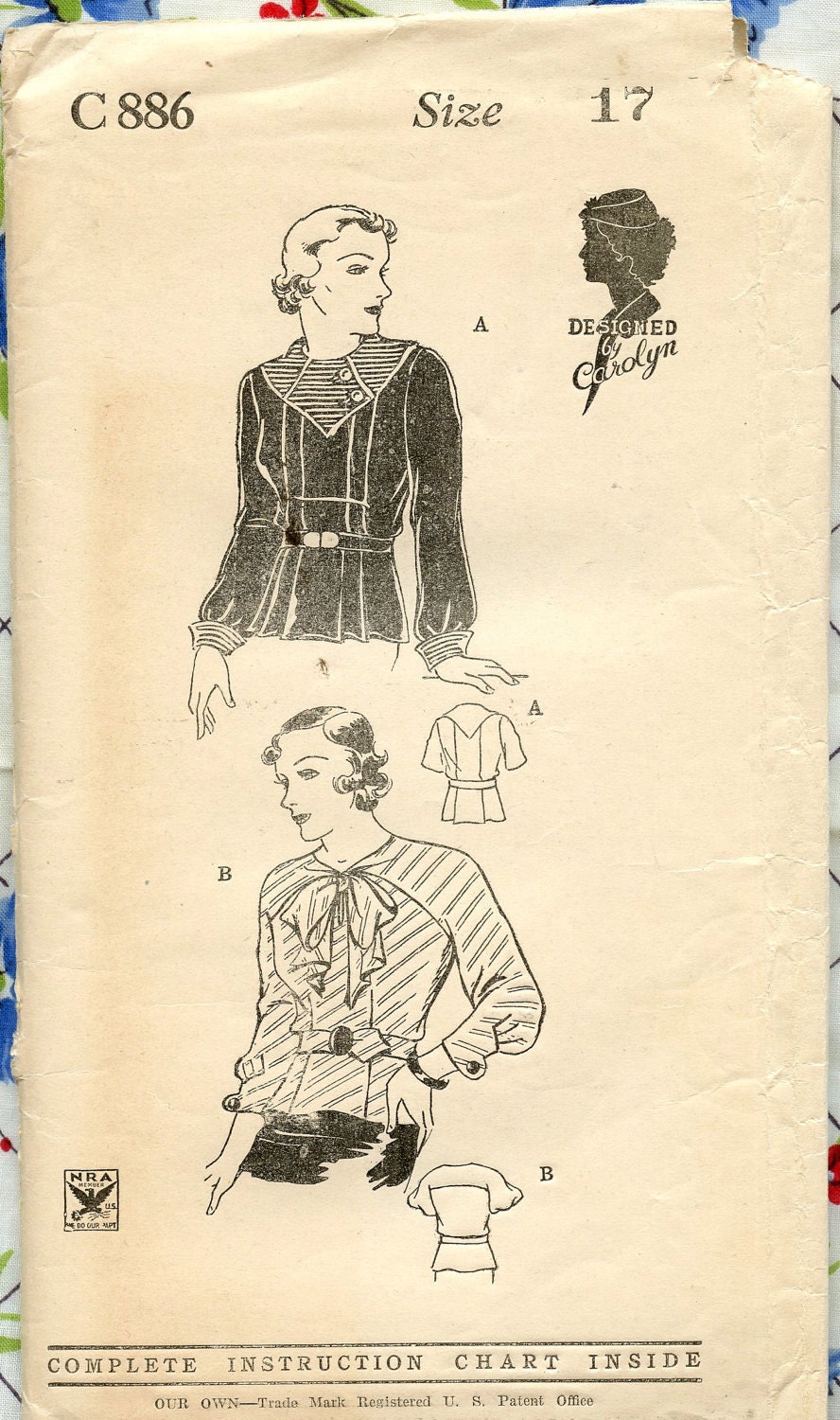 1930s Vintage Sewing Pattern C886 Designed by Carolyn NRA Symbol Juniors Blouse Plaits Contrast Collar and Cuffs Bust 35