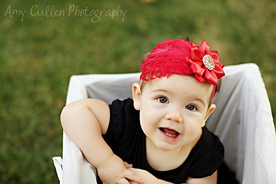 SALE --- FIRECRACKER Red JULY 4th Feather & Satin Flower Infant Toddler Girls Headband