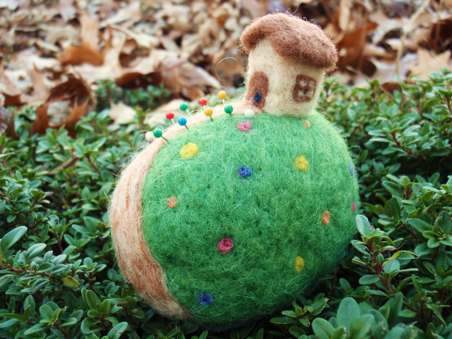 Cottage on a Hill Pin Cushion- Needle Felted Wool - MADE TO ORDER
