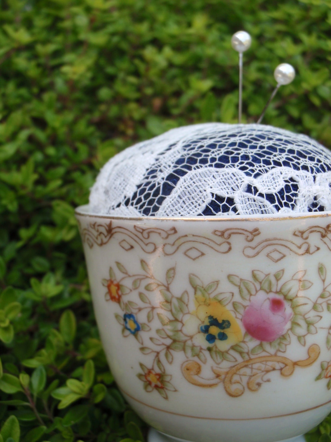 Tea Party Pin Cushion - Vintage Teacup with Lace Wrapped Wool - Indigo Blue
