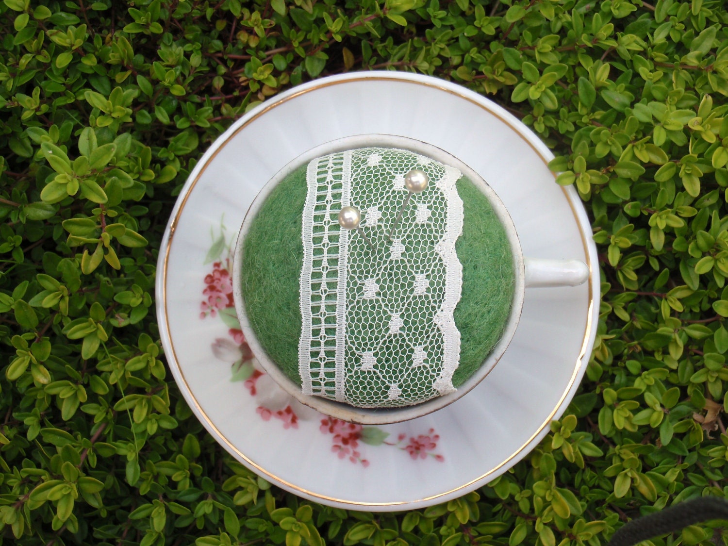 Tea Party Pin Cushion - Vintage Teacup and Saucer with Lace Wrapped Wool - Garden Green