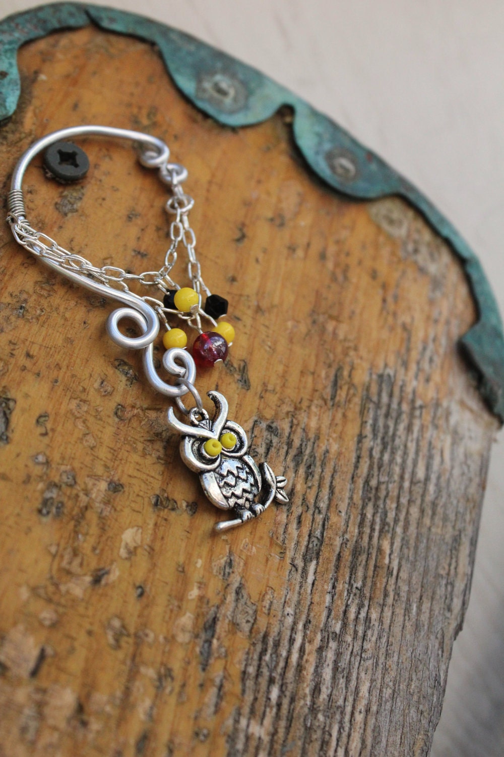 Spooky Yellow Eyed Owl Ear Bend with Black and Red