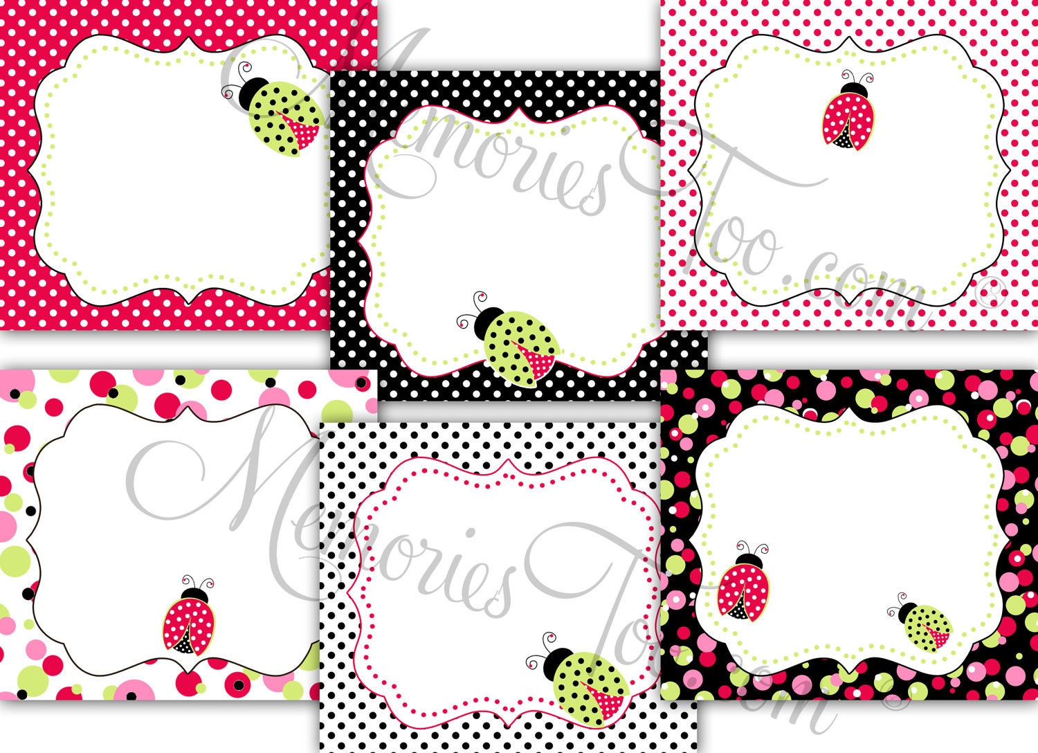 Polka Dots & Lady Bugs Fancy Blank Printable Party Labels Lime Pink Black Matching Items Available DIY