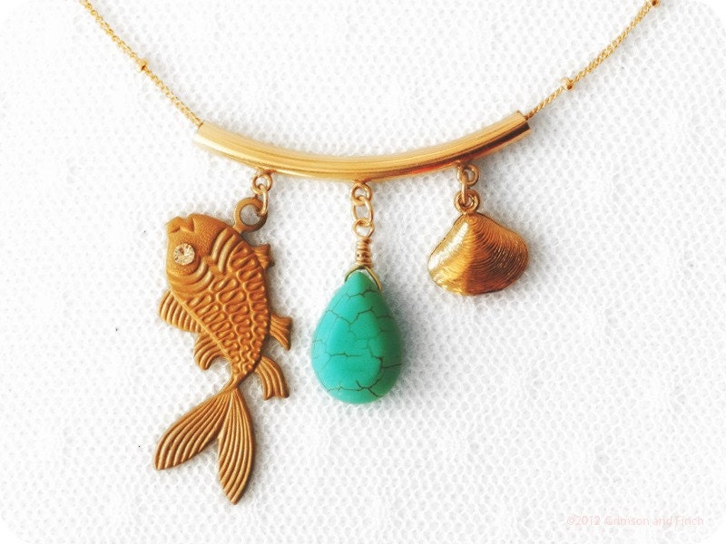 Turquoise gold charm necklace "Oceans Away" fish, shell, summer