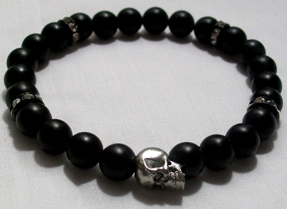 Handmade Mens Black Onyx Silver Skull Bracelet with Black Crystal Accents
