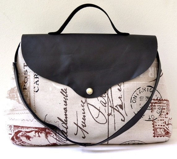 Postcard Printed Cotton - Canvas - Leather Messenger, Handbag, Shoulder Bag, Portfolio, Notebook, Netbook Bag, School Bag...