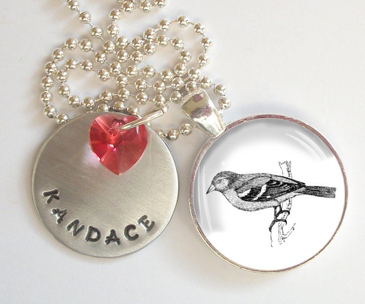 Little Bird Personalized Hand Stamped Necklace Swarovski Crystal Heart  r15