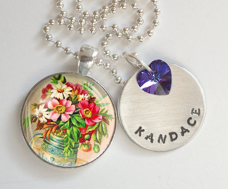 Spring Flowers Personalized Hand Stamped Necklace Swarovski Crystal Heart  r11