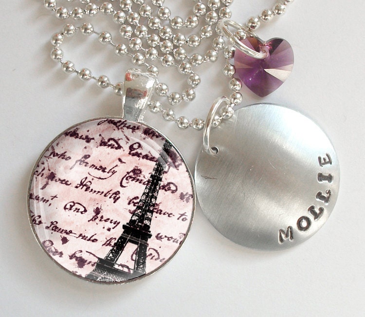 Eiffel Tower Personalized Hand Stamped Necklace Swarovski Crystal Heart  r4