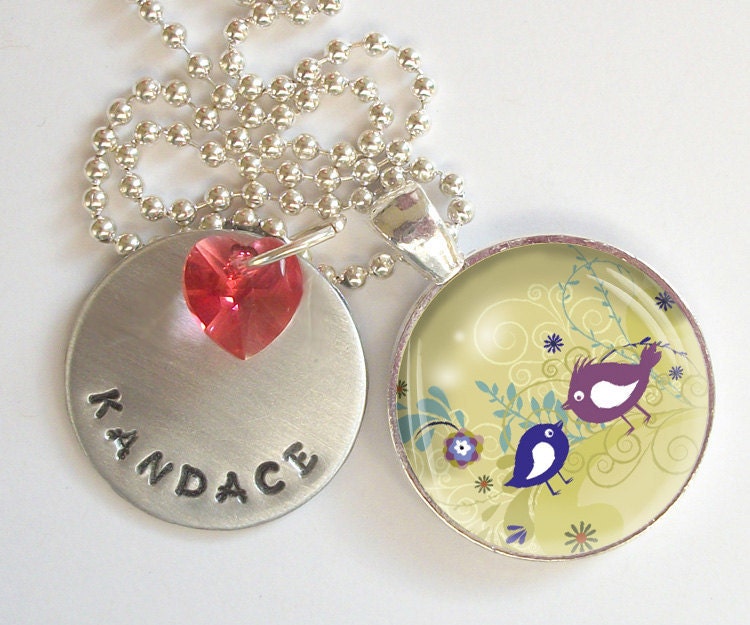 Love Birds Personalized Hand Stamped Necklace Swarovski Crystal Heart  r7