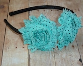Flower Headband...Baby Flower Headband...Baby Headband...Girl Headband...Mint Green with Black Polka Dots Frayed Rosettes