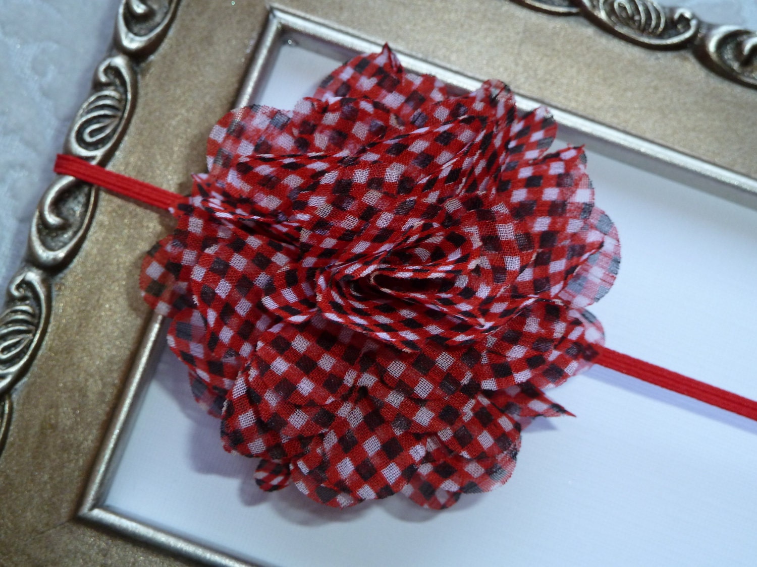Baby Girl Flower Headband - Flower Headband - Red, Black and White Gingham Chiffon Puff