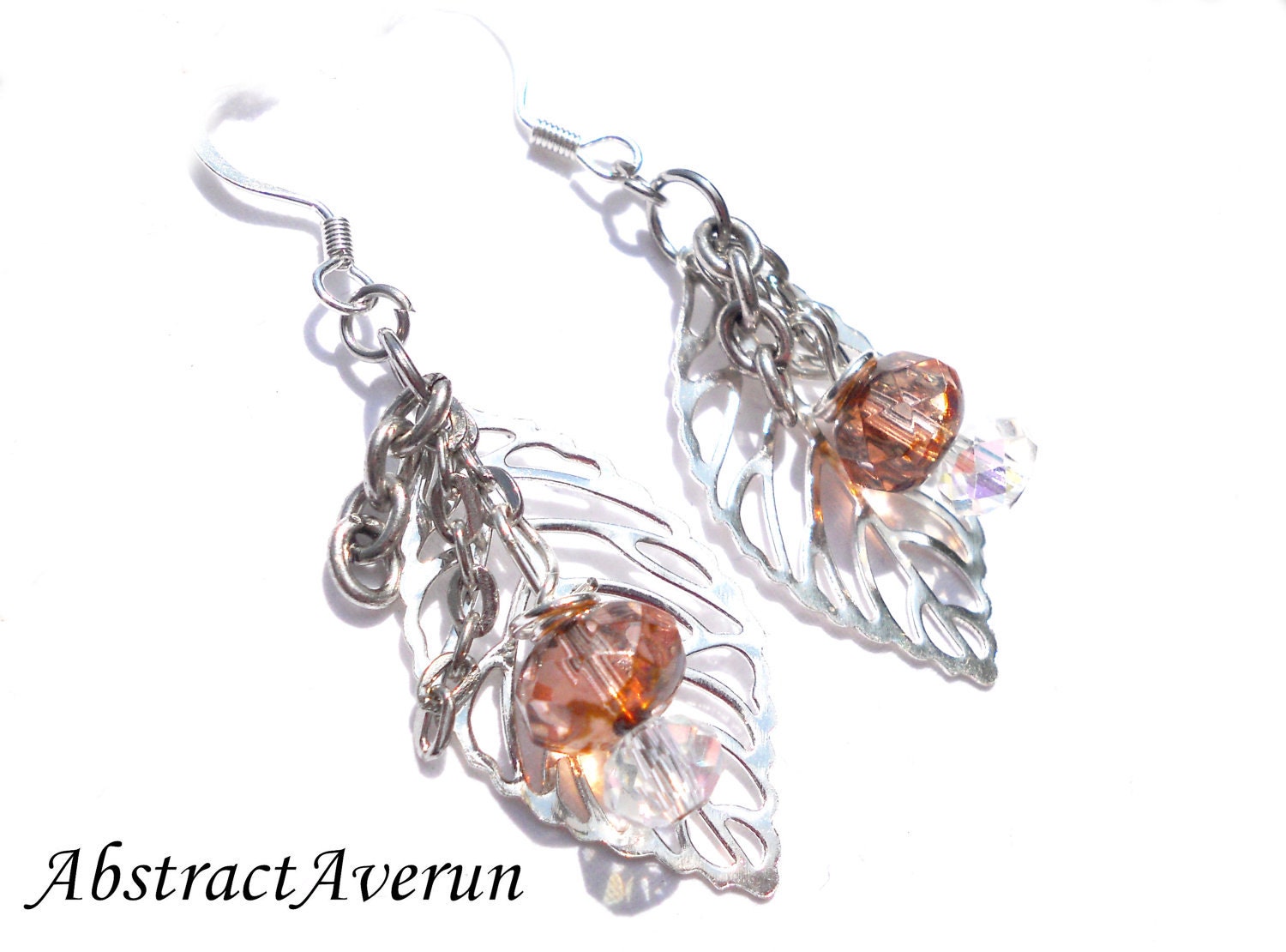 Leaf Earrings - Tea and Honey Czech Glass Beads - Chain Dangle Earrings