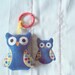 Bright blue owl burp cloth with matching owl toy with c clip for boys. Burp cloth can be personalized for an extra charge.