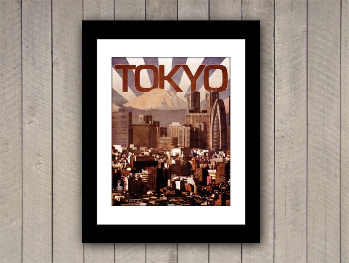 Tokyo Travel Print Japan 16x20 Travel Poster in Rich Brown, Red, Cream Textures