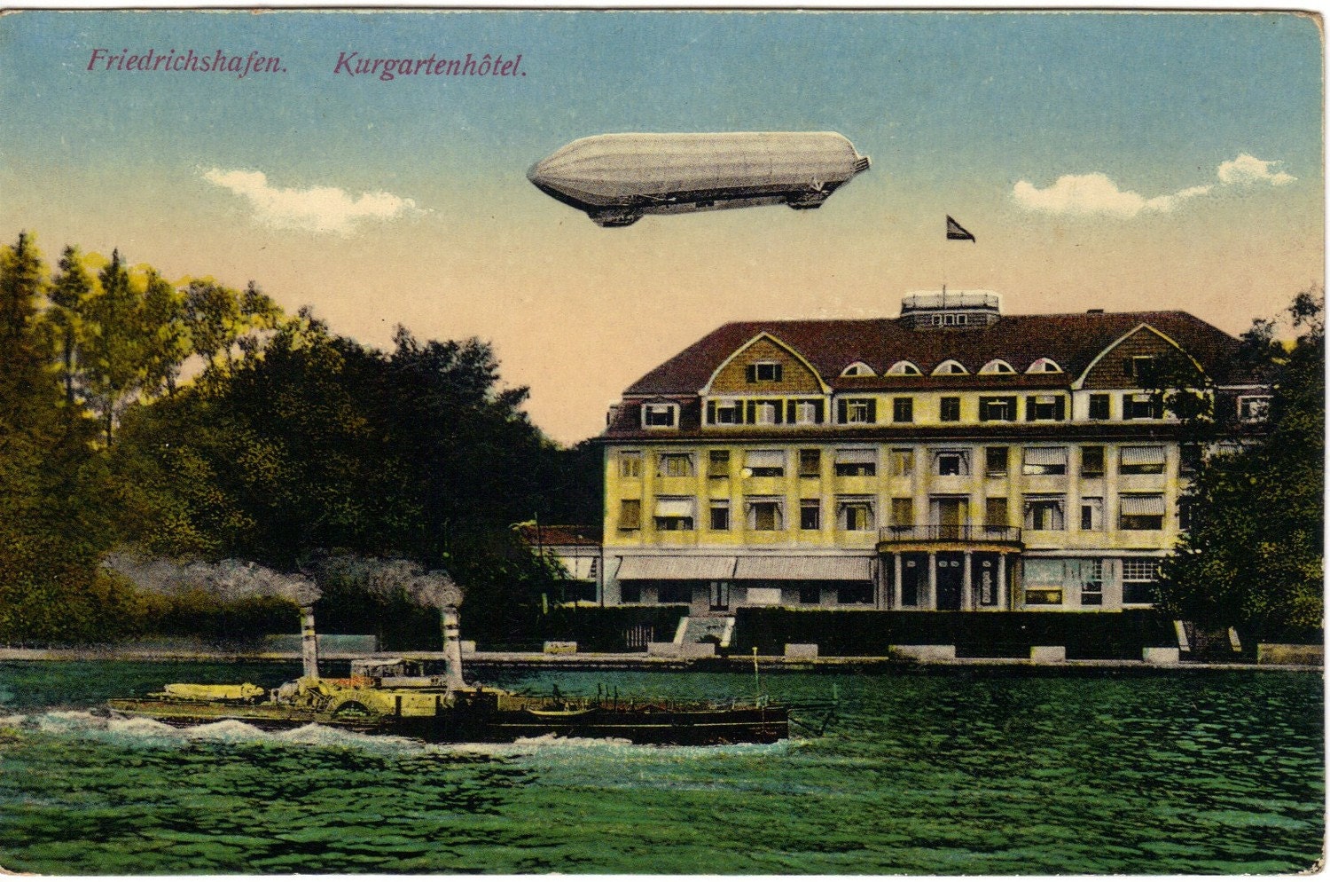 Antique German Postcard Zeplin Steamboat Friedrichshafen Spa Hotel