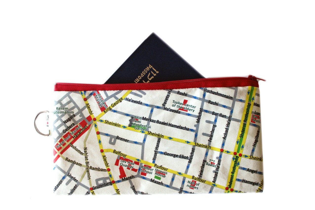 TEL AVIV map travel case - pouch to hold your passport and flying tickets and documents - efratul