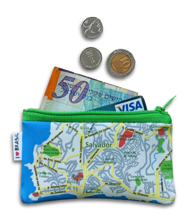 Coin purse wallet colorfull and unique with BRASIL map printed on it - Souvenir from Rio and Salvador - Carnaval - Map pattern coin purse