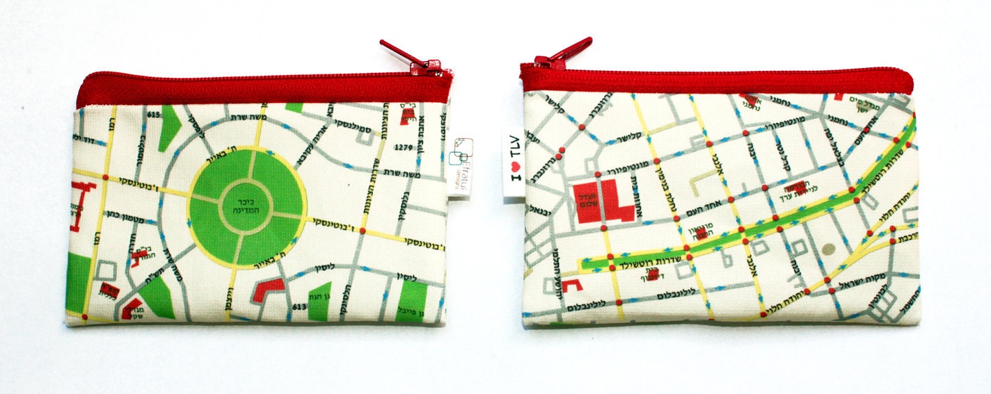 Map Wallet of Tel Aviv , cute coin purse, business card holder - a souvenir from Tel Aviv Israel, coin pouch with red zipper