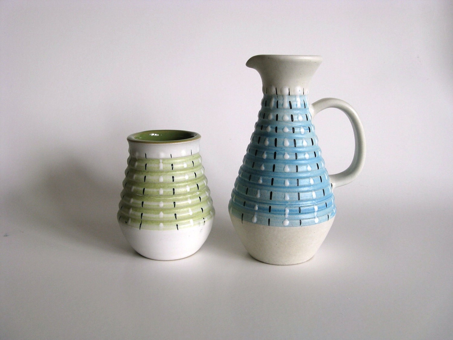 Denby Burlington Vintage Table Set White Green Blue Jug Mustard Pot 50's English Stoneware