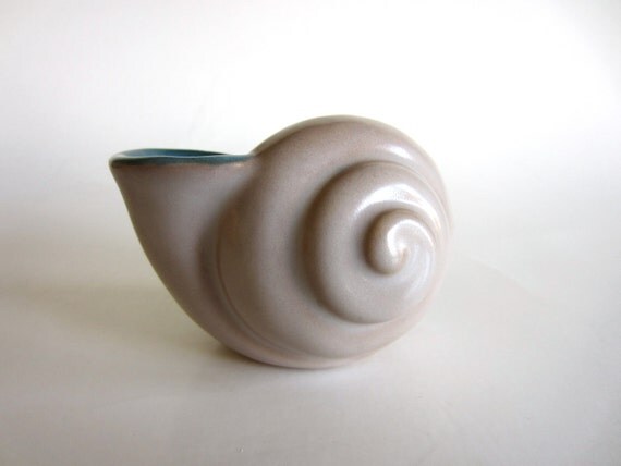 Vintage Denby Vase Small Snail Shell Beige Teal English Stoneware Rare Seaside Giftware
