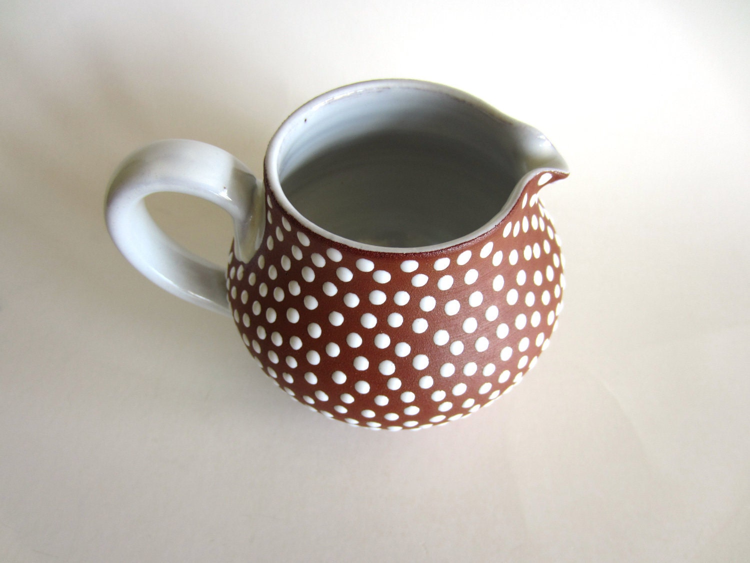 Zeuthen Denmark Pitcher Redware with White Polka Dot Glaze Mid Century Modern Scandinavian Pottery