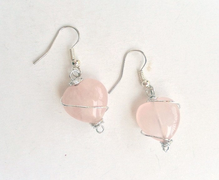 Pink Quartz heart-  Earrings -Wire Wrapped -handmade earrings- style pink heart, wire wrapped dangle earrings - anamarina