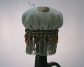 Pin Cushion Large Ceramic Base with Woven Pineapple Tapestry Fabric and bead trim, fringe and braid